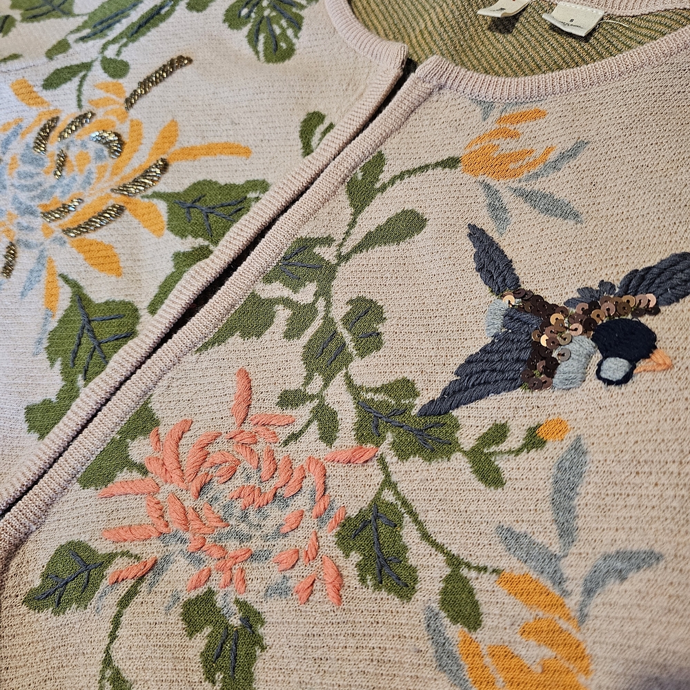 Anthropologie Floral Embroidered Cardigan - Cream and Green - Picture 4 of 9